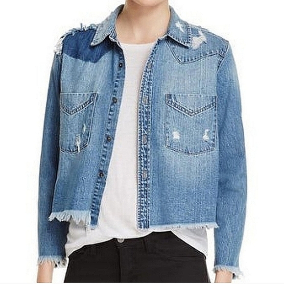 Pistola Distressed Cropped Blue Denim Jacket-Size Large - Picture 1 of 16